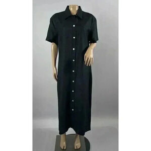 VTG JA Studio Dress Large Black Shift Midi Maxi Popover Button Collared Ramie